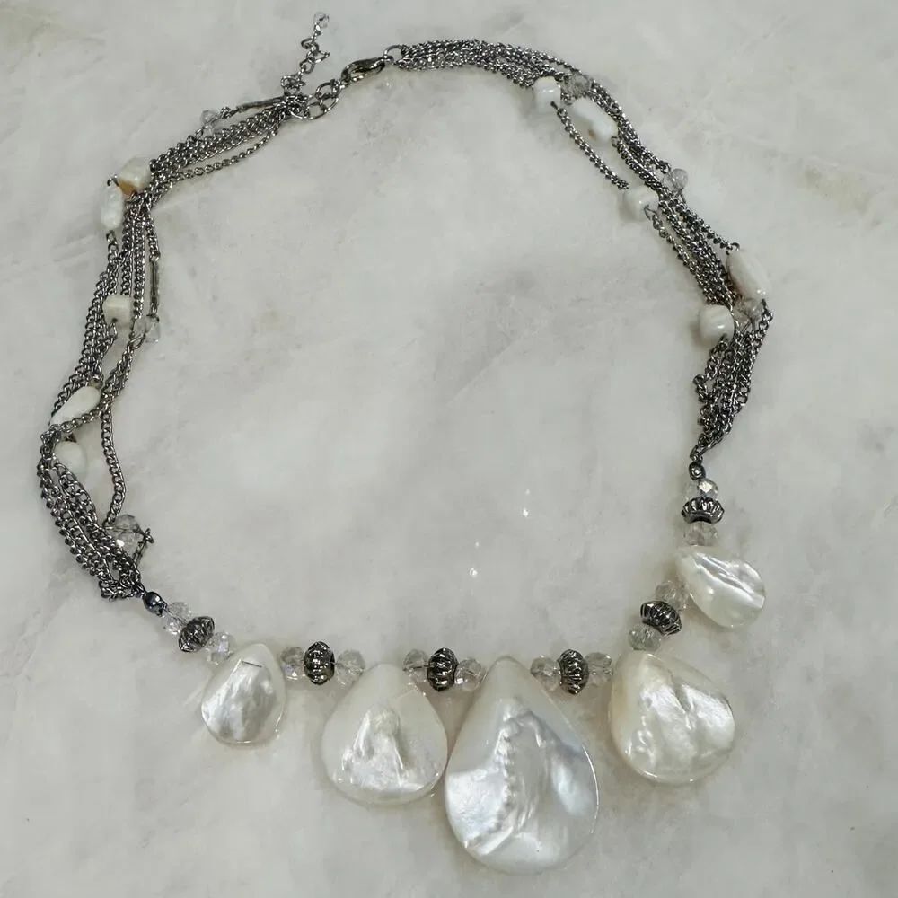 Silver-Tone Multi-Strand Necklace with Mother of Pearl Style Teardrop Drops